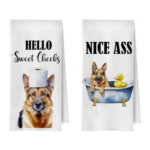 BlissfulAbon German Shepherd Decorative Towels Set - Funny German Shepherd Gifts Polyester Waffle Weave Hand Towels for Bathroom, 16×24 Inches Set of 2