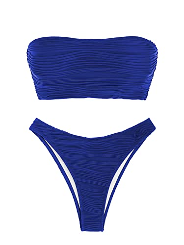 Image of ZAFUL Women Strapless Textured Bandeau Bikini 2 Piece Swimwear Cheeky Solid Lace up Bathing Suits