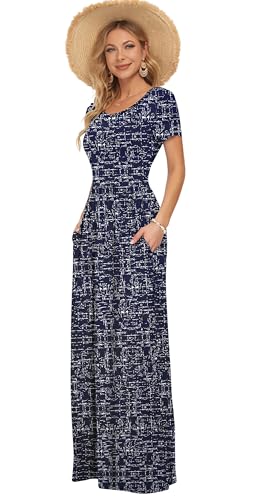Image of AUSELILY Women's Summer Short Sleeve Loose Plain Casual Long Maxi Dresses | Year Round wear solid floral print, Casual wear, Empire waist, Floor length, Side pockets
