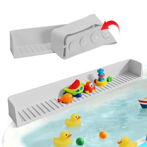Bawanglo Bathtub Splash Guard for Tub Kids- 31 Extra Long Silicone Bath Play Shelf Toy Tray & Caddy Holder Prevent Water Spills & Messy Floors Tub Edge Guard for Bathroom- Grey