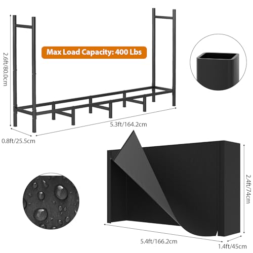 Kaminholzregal Außen mit Abdeckung 164, 2×25, 5×80 cm- Brennholzregal für Innen & Außen, Feuerholzständer für Kaminholz, Verstellbares Metall Holzregal mit Wasserdichter Oxford- Abdeckung- Schwarz-2