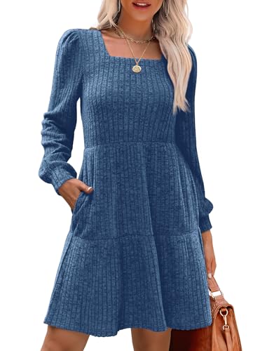 Image of Sampeel Womens Square Neck Long Sleeve Fall Dresses Casual Babydoll Sweater Dress