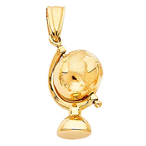 14K Yellow Gold Earth Globe Traveler's Charm Pendant with 1.4mm Flat Open Wheat Chain Necklace2