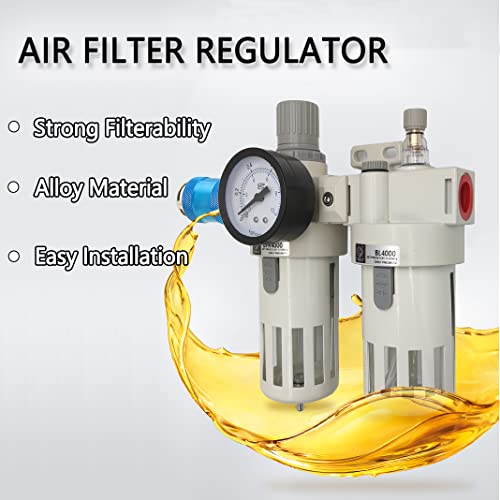 1/2" Npt Compressed Air Filter Regulator Lubricator Combo,Air Tool Compressor Filter With Gauge(0-150Psi),Air Dryer For Compressor,Water/Oil Trap Separator(Manual Drainage) #TOP6