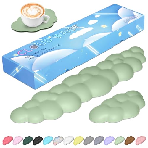 Image of JIKIOU Upgrade Leather Cloud Wrist Rest for Keyboard and Mouse & Cup Pad | Wish Gift-Cute Cloud Shape, Comfortable and don't Irritate to Skin, Non-Slip PU Base,Soft Memory Foam filled for Pain Relief