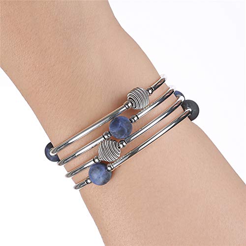 PEARL&CLUB Beaded Chakra Bangle Turquoise Bracelet - Fashion Jewelry Wrap Bracelet with Thick Silver Metal and Mala Beads, Birthday Gifts For Women2