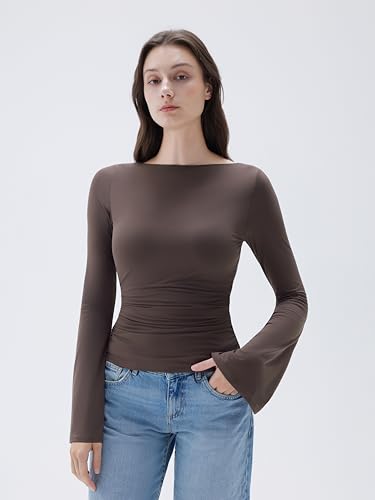 SUUKSESS Women Crew Neck Bell Sleeve Tops Double Lined Going Out Fitted Basic T Shirts3