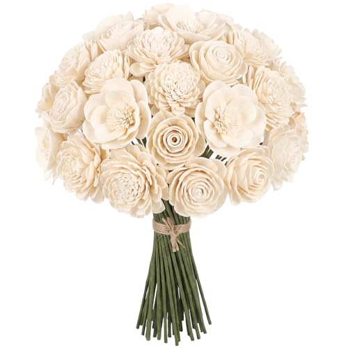 Rivvlive 24 Pcs Sola Wood Craft DIY Flowers with Stems Ivory White Wooden Flowers for DIY Wedding Bouquet Centerpiece Bridal Shower Home Decoration