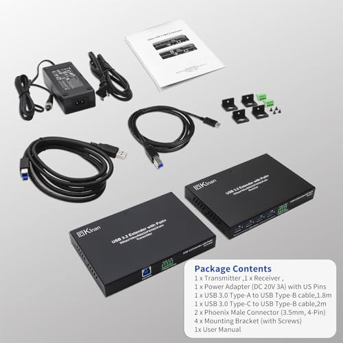 Image of Kinan USB 3.2 Extender via Cat6a /Cat7 330FT 100m, Only One Power Supply Required, 4 Port USB 3.2, RS232 FSYNC USB 3.0 Extender, Keyboard Mouse USB Over Ethernet, Plug and Play, A Pair, New Version