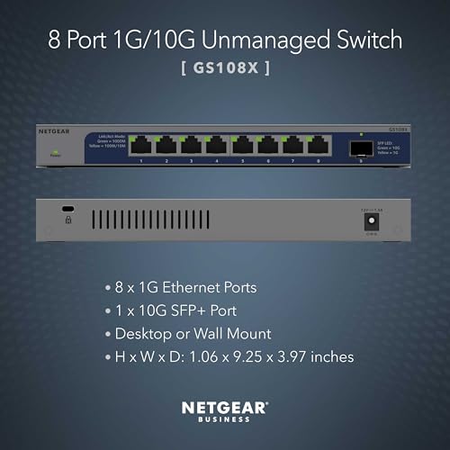 Image of NETGEAR 8-Port 1G /10G Gigabit Ethernet Unmanaged Switch (GS108X) - with 1 x 10G SFP+, Desktop or wall-Mount