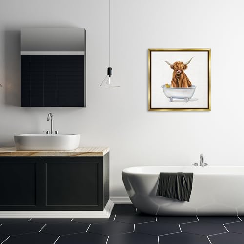 Image of Shaggy Country Cattle in Tub, 24 x 24 Inch Canvas in Floater Frame | Stupell Industries . By Donna Brooks . Ready to hang . Bathroom or farmhouse decor . Made in USA