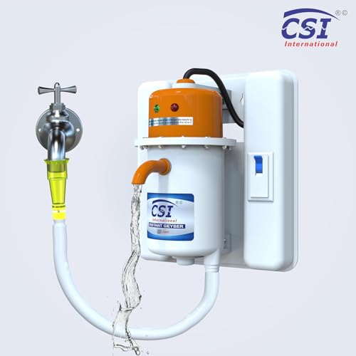 Image of CSI International Instant Water Heater Geyser 1 Litre Portable ABS Plastic Body Fast Heating Electric Water Heater with Auto Cut Off Safety and 1 Year Warranty White Orange