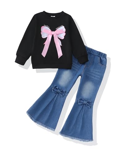 Image of SODLON Kids Toddler Girl Clothes Winter Outfits Shirt Top Bell Bottom Jeans Denim Pants Set Little Girl Fall Spring Clothing
