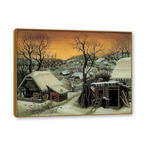 Tableau paysage d'hiver Ivan Generalic cadre couleur teck pour decoration murale 60x80