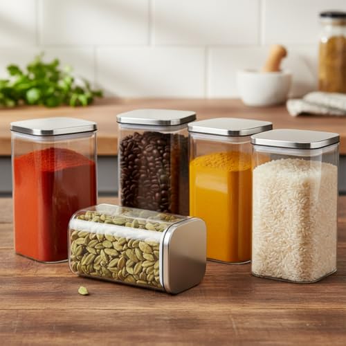 Image of ginoya brothers Airtight Borosilicate Glass Square Jar With Wooden Or Steel Lid Multi-Size, Container for Spices, Coffee, Grains, Snacks & Kitchen Organization (6, STEEL LID, 420 ML)