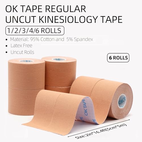 Image of OK TAPE Kinesiology Tape (6 Pack) Latex Free Cotton Uncut 2in x 16.4ft | Regular Original Elastic Water Resistant Therapeutic Athletic Tape for Support Muscle Joint Knee Injury Recovery Beige