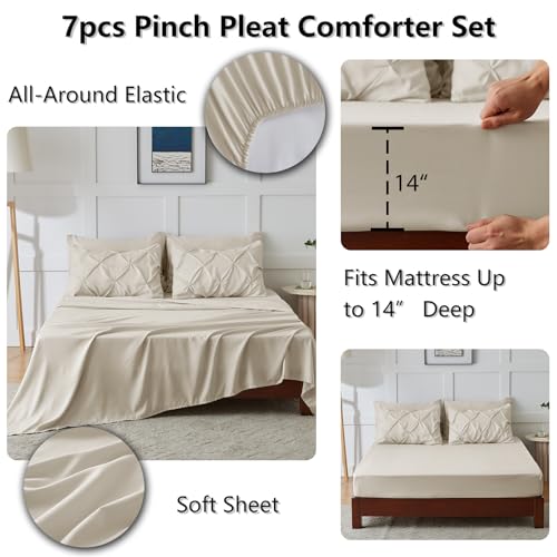 CozyLux Queen Comforter Set Oatmeal, 7 Pieces Pintuck Bed in A Bag, Premium Oatmeal Comforter Queen Size, Pinch Pleat Bedding Sets with Comforter, Sheets, Pillowcases & Shams