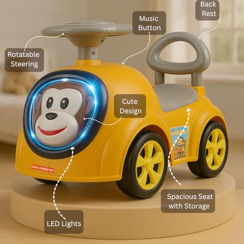 Image of MiniExplorer Monkey Ride-On Toy Car for Kids | Push Ride Car with Music, Horn, Backrest, Safety Guard, Under Seat Storage & Big Wheels | Baby Ride-On for 1-3 Years Boys & Girls - Yellow