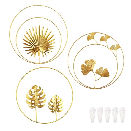 Gingko Biloba Lot de 3 décorations murales à suspendre en métal doré en forme de feuilles rondes pour salon, chambre de fille, décoration murale...
