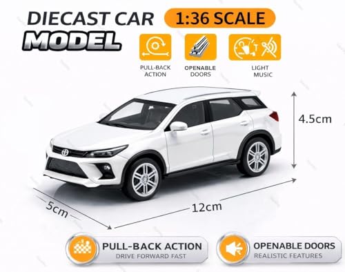Image of 1:36 Scale Fortuner Toy Car - Toyota Die-Cast Mini Metal Pull Back SUV with Openable Doors, Lights & Music - Alloy Model Vehicle for Kids, Boys & Collectors【White】