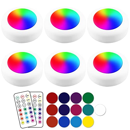 Image of 13-Color LED Puck Lights with Remote Control | Wireless Battery-Powered Stick-On Under Cabinet Lighting | Dimmable Color Changing Lights with Timer for Kitchen, Closet & Home Decor