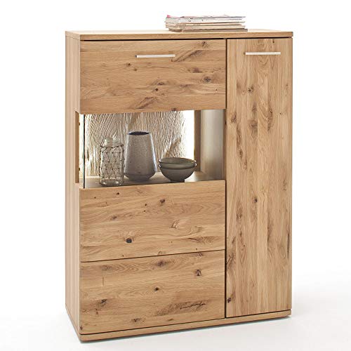 Lomadox Wohnwand in Asteiche Bianco massiv geölt, mit Highboard, Lowboard, Vitrine und Regal, 320cm Breite – Bild 6