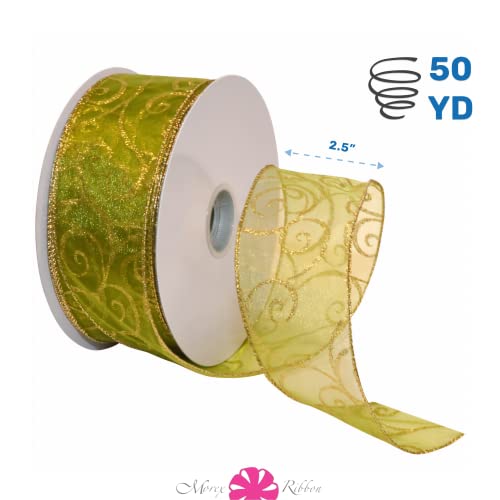 Morex Ribbon 7416.60/50-621 Swirl 2.5" X 50 Yd Nylon Sheer Curling Wired Glitter Ribbon, Moss/Gold, Holiday Ribbons For Crafts And Christmas Decorations, Indoor Christmas Ribbon For Gift Wrapping #TOP1