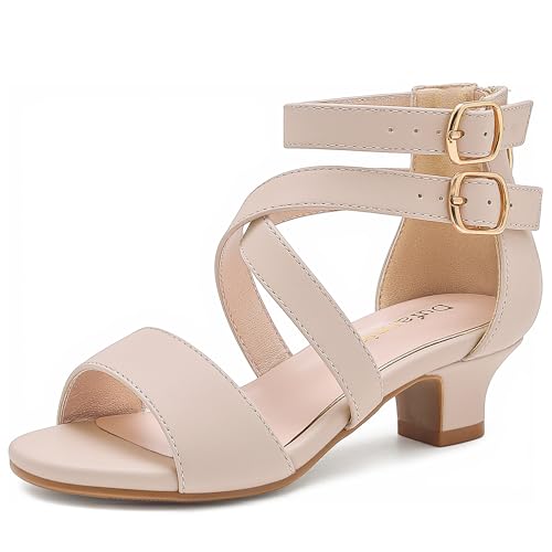 Dufannie Nude Girls Heels Sandals Kids Dress Shoes Big Girl High Heels Size 2 Open Toe Formal Fancy Shoes for Kids Dress Sandals Pumps Church Wedding Pageant Dance Party Graduation(3405Nude 2)