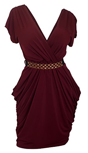 eVogues Plus Size Deep V-Neck Wrap Bodice Dress (2X, Burgundy)