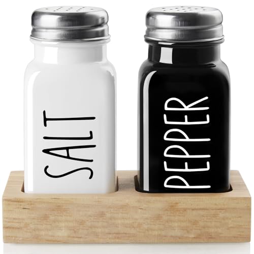 Image of Store2508 Salt and Pepper Shaker Set with Wooden Tray | Farmhouse Style Salt Pepper Dispensers with Screw-On Lids | BPA-Free Seasoning Containers for Kitchen Dining Table
