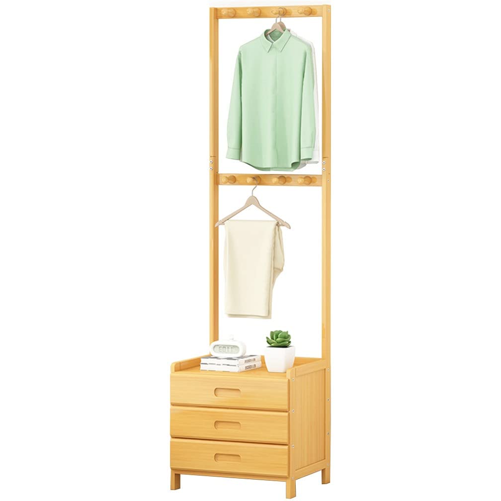FGXHHS 2-in-1 Bamboo Coat Rack & Bedside Table, Multifunctional Storage Stand with Drawers, Shelves, Ra Hooks for Bedroom nization Home Decor