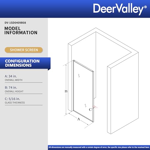 Image of DeerValley 34 inchx74 inch Framed Shower Glass Panel | 5 /16'' Thick Tempered Glass, Stainless Steel Hardware, Reversible Installation, Easy to Clean
