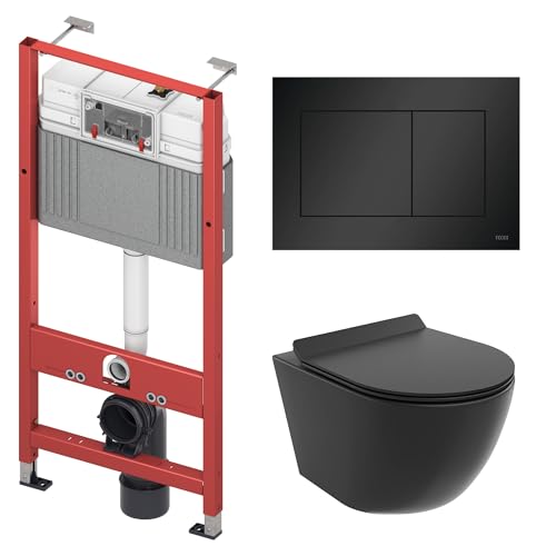 BADLAND WC-Vorwandelement Set TECEbase mit Wand-WC Rolo Schwarz, Schallschutzmatte & Betätigungsplatte Schwarz – Komplettset für Trockenbau & Vorwandinstallation