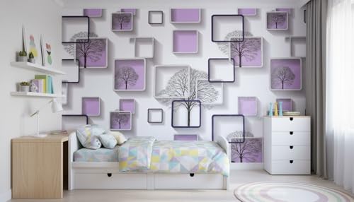 Image of Purple 3D Frames & Trees Self-Adhesive Wallpaper Roll 45x300cm | Decorative Wall Sticker for Home Interiors | Modern Peppy Purple Cube Pattern Vinyl Decor Sheet