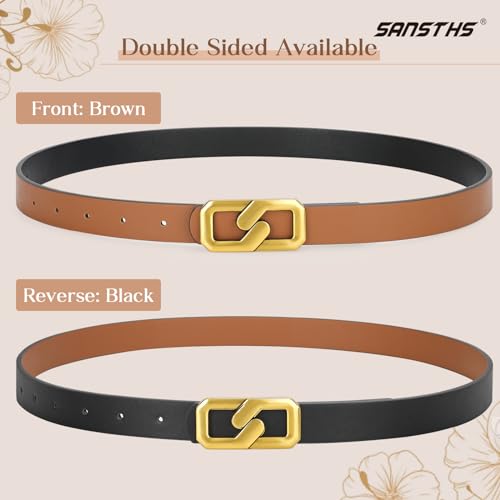 SANSTHS Fashion Women Reversible Belts for Dresses Jeans Pants, Two-in-one Skinny Belt for Women with Gold Buckle, S