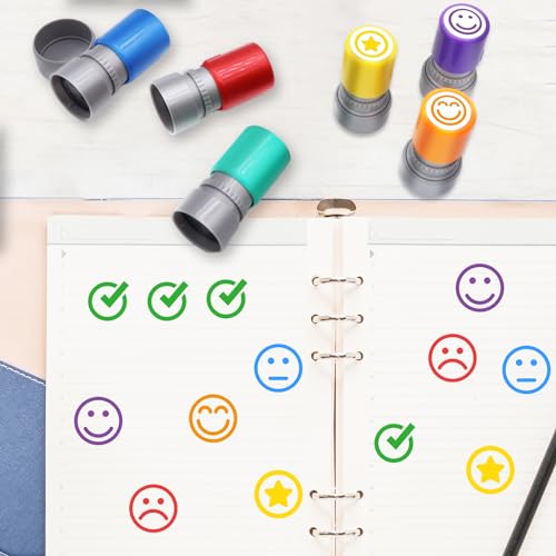 Image of 6pcs Rubber Plastic Round Self-inking Stamps, Vibrant Smiley Stamps, Best Homework Stamps, Encouraging Classroom Comments