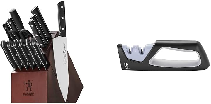 HENCKELS Dynamic Razor-Sharp 15-Piece Knife Set, Chef Knife, Bread Knife, Steak Knife, German Engineered Informed by 100+ Years of Mastery and HENCKELS International Knife Sharpener, 7.7" x 8.5" x 2", Multicolor
