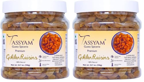 Image of Tassyam Golden Raisins Healthy Juicy Hand-Sorted Jumbo Indian Kishmish Jar, 700g (Pack of 2)