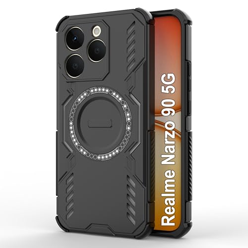 Image of amazon basics Back Case Cover for Realme Narzo 90 5G | Magnetic Case with Built-in Metal Ring | Supports MagSafe Charger, Wallet & Car Mount | Shockproof Hybrid PC + TPU | Black