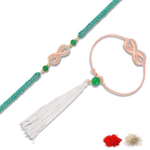 Image of Mahi Elegant Rose Gold Infinity Couple Rakhi Set with Green Beads and White Tassel (RCOL1106003Z)