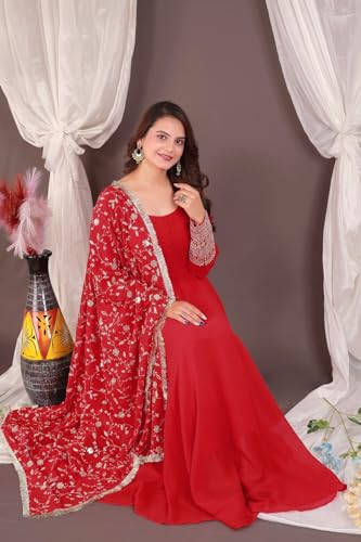 Image of ROYALICA Women's Georgette Gown Set with Solid Pattern Floor Length Round Neck Fit & Flare Full Sleeves Gown Pant and Embroidery Work Dupatta | Anarkali Gown Set for Women
