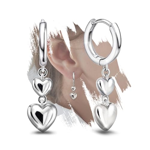 Heart Earrings for Women Girls-Sterling Silver Heart Dangle Hoop Earrings with Charm Love Huggie Hoop Earrings Hypoallergenic Delicate Jewelry Gifts for Women Girls Birthday