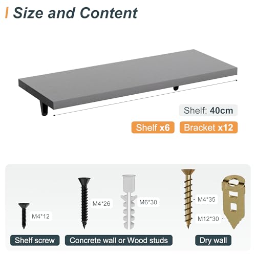 Image of SKYSEN Floating Shelves for Wall Set of 6, 15.7in Wood Wall Shelf for Decor, Bathroom, Bedroom, Storage, Book,Kitchen, Living Room - Grey(fs-40-g)