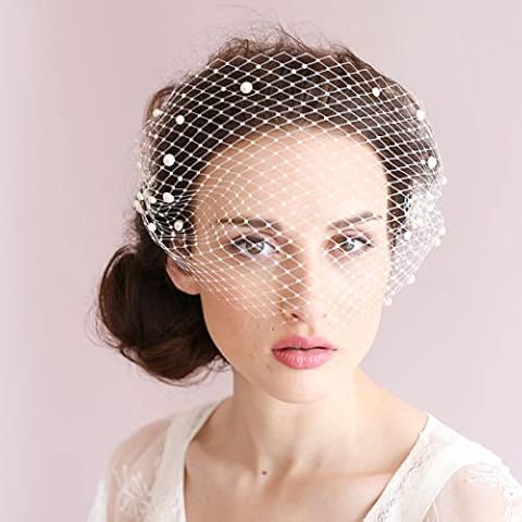 BERYUAN Women Classy Chic White Birdcage Face Veil Pearl Fascinator Bridal Hair Comb Party Headpiece Costume Headwear Formal Dress (White) Cover