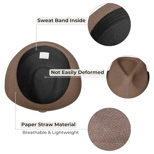 Image of Straw Trilby Fedora Hat for Men Women 1920s Panama Hat Short Brim Summer Beach Sun Hat with Band
