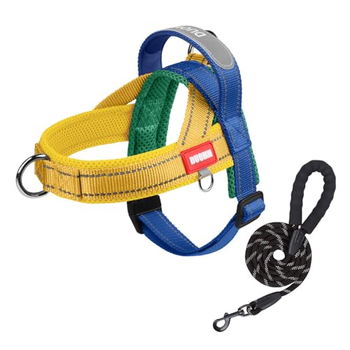 Wag&Wink 小型犬 猫 中型犬 ハーネス リードセット 牽引ロープ 胸当て 胴輪 反射材付き 軽量 調整 簡単 散歩 4色展開（ブルー/イエロー、ブルー/レッド、ブラック/グレー、ライトグレー）S/M/Lサイズ (青黄色, M)