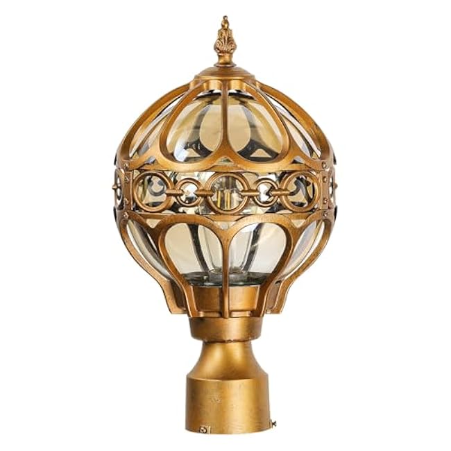 Brass Outdoor Globe Post Lights, Exterior Waterproof Rustproof Sphere Outside Post Lamps Fixture, Farmhouse Aluminum Pillar Lantern for Porch House Pathway Fence Yard Garden Patio, No Sensor