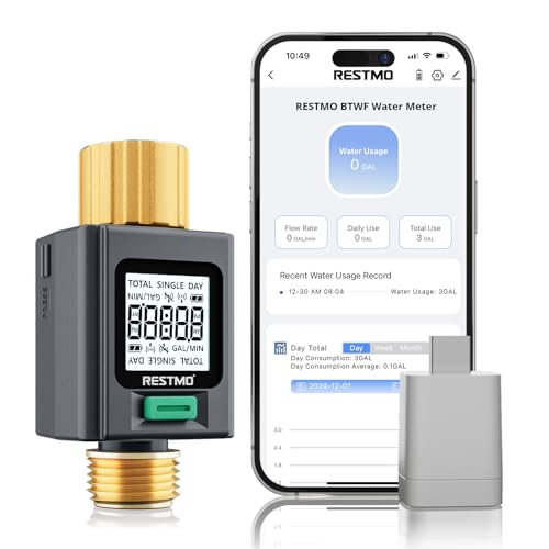 RESTMO Smart Water Flow Meter with Screen Backlight, Brass Inlet & Outlet, Measuring Gallon/Liter Consumption & Flow Rate for Garden Watering, RV Filling, Sprinklers & Nozzle - 2.4Ghz WiFi Connection