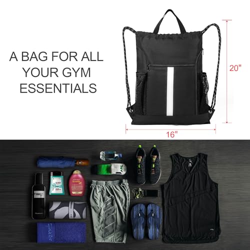Image of BeeGreen Mix-Black-Drawstring-Backpack-Bag, Large String Sack with Shoe Compartment and Two Side Mesh Pockets Lightweight Sturdy For Gym
