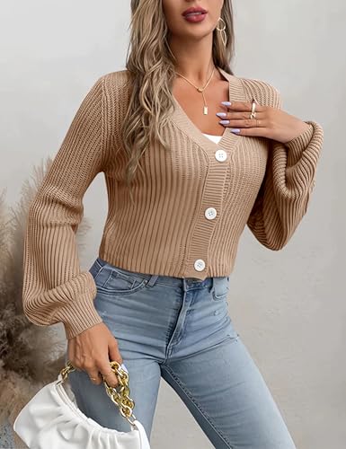 Image of Womens Puff Sleeve Cardigan Long Sleeve Open Front Button Down Knit Sweaters